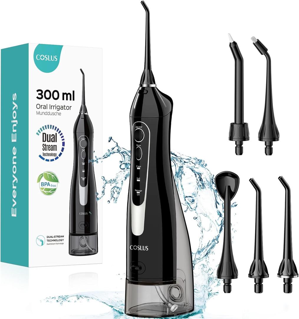 COSLUS Water Dental Flosser Teeth Pick: Portable Cordless Oral Irrigator 300ML Rechargeable Travel Irrigation Cleaner IPX7 Waterproof Electric Flossing Machine for Teeth Cleaning C20(F5020E) (Black)