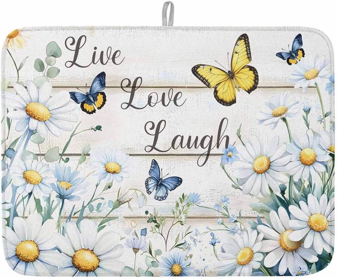Dish Drying Mat for Kitchen, Pastoral Daisy and Butterfly White Wood Grain Absorbent Kitchen Counter Mat, Dish Drying Pad for Dishes, Utensils, Pots and Camping, 18"x24"(1 Panel)