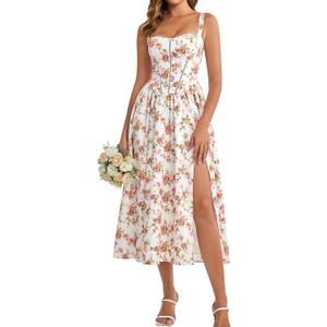 KUTUMAI Floral Corset Midi Dress Flowy Slit Summer Spring Wedding Guest Dresses for Women Sundress with Pockets (White, M)