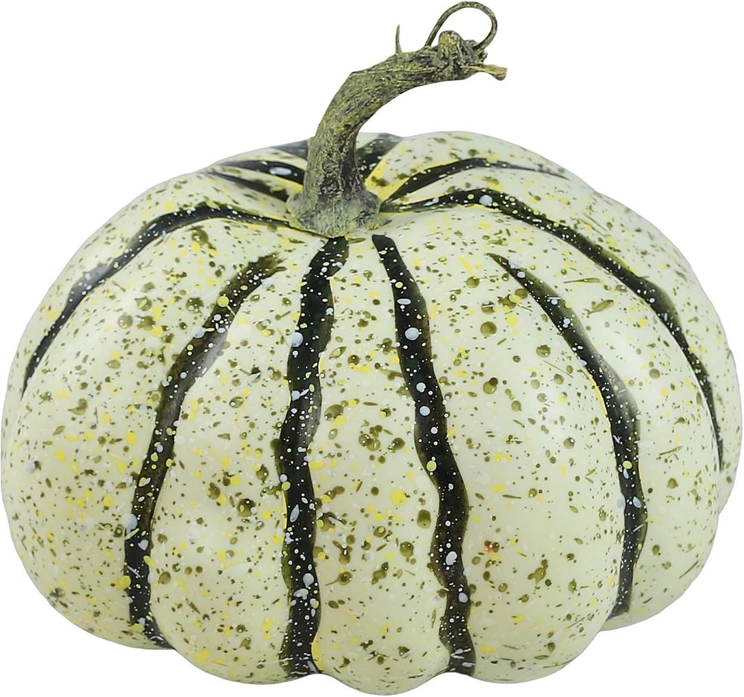 DuHouse Artificial Green Pumpkin Fall Decoration, 5.0" x 5.9" Faux Harvest Pumpkin with Rustic Stem and Speckled Finish for Autumn Table Decor, Thanksgiving Centerpiece