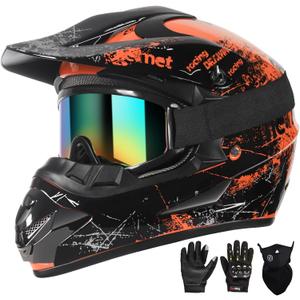 SPARK Dirt Bike Helmets Kids Motorcycle Helmet Youth ATV Motocross Full Face Men Women Off-Road Mountain Bike Helmet Adult with(Gloves Goggles Mask) DOT Approved 4Pcs Set (Small, Orange)