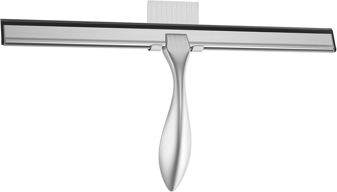 peafowl Shower Squeegee Stainless Steel Bath Squeegee for Shower Glass Doors Bathroom Windows Kitchen Mirror and Car Glass with Hooks Holder (14 inch, Brushed Silver)