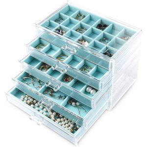 Frebeauty Acrylic Jewelry Organizer Earring Organizer Box with 5 Drawers Earring Holder Organizer with Velvet Trays Clear Jewelry Box for Women Earring Display for Rings Studs(Turquoise)