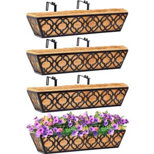 Y&M 4pcs 24 Inch Window Deck with Coconut Coir Liner, 24" Railing Planter Horse Trough Coco Basket Boxes Metal Hanging Flower Balcony for Outdoor Garden Fence Lawn