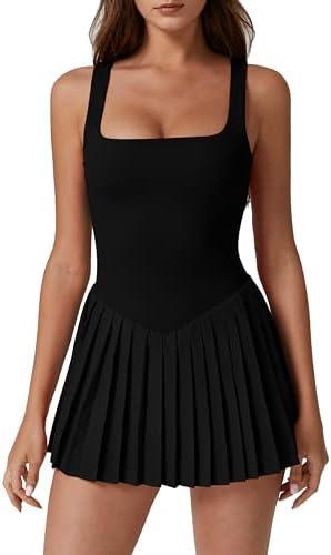 QINSEN Womens Square Neck Tennis Dress Pleated Sleeveless Built in Shorts Golf Athletic Dress with Pockets, XL