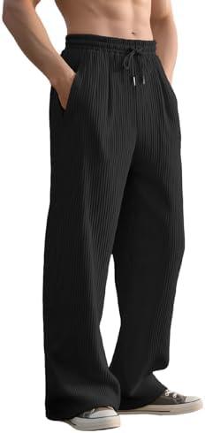 Quskc Men's Baggy Sweatpants Straight Leg Open Bottom Corduroy Pants Casual Drawstring Waist Joggers with Pockets, Black, Size XL