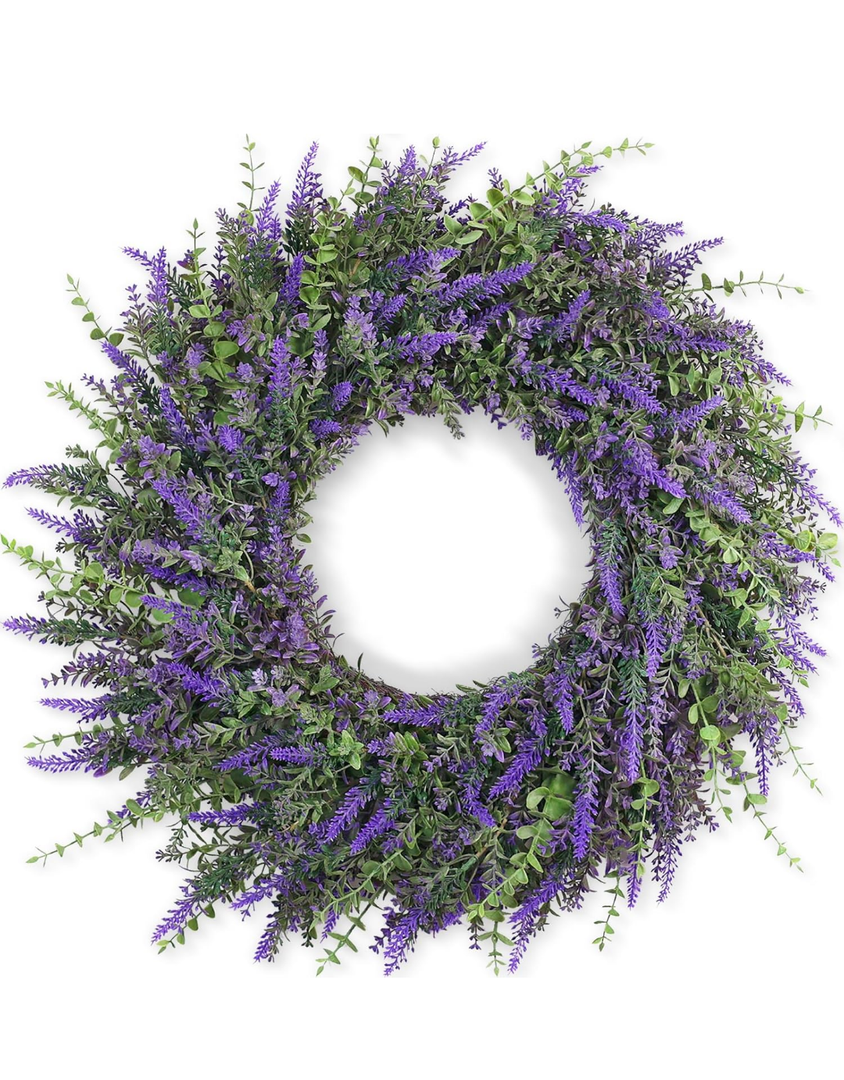Ewowfam Wreaths for Front Door, Purple Flower Garland for All Seasons，Grapevine Wreath with Lavender Flowers for Home Decor and Front Porch Decor, Artificial Hanging Flowers for Outdoors (Purple)