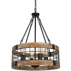 ACNKTZ Farmhouse Rustic Chandelier Light Fixture, 4-Light Round Hanging Pendant Lighting for Dining Room Entryway Kitchen Island Foyer Breakfast Area, Black Wood and Black Metal Finish