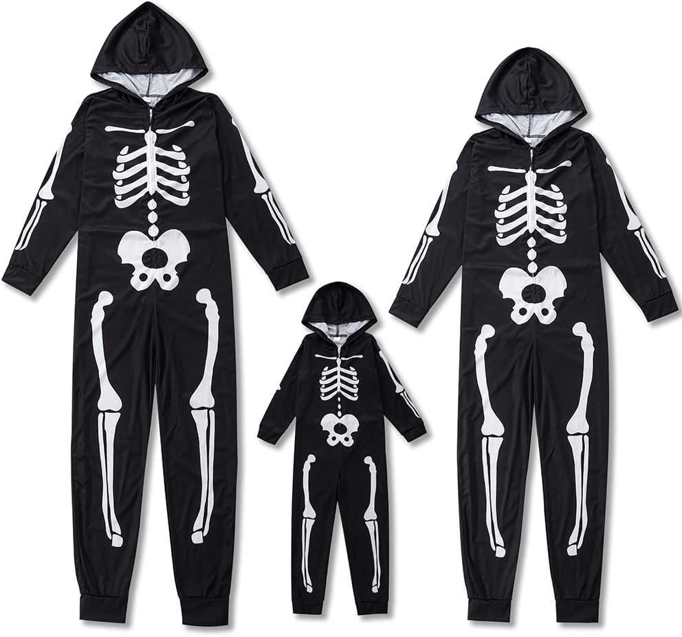 Family Halloween Skeleton Pajamas Funny Zipper Hooded Jumpsuit Matching Family Pjs Sleepwear (4-5T, Kid)