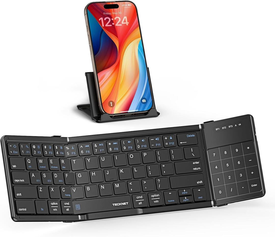 TECKNET Foldable Bluetooth Keyboard with Touchpad & Numpad, Connects to 3 Devices, USB-C Rechargeable Portable Keyboard for Laptop, iPad, Phone, iOS, macOS, Android, Windows (Black)