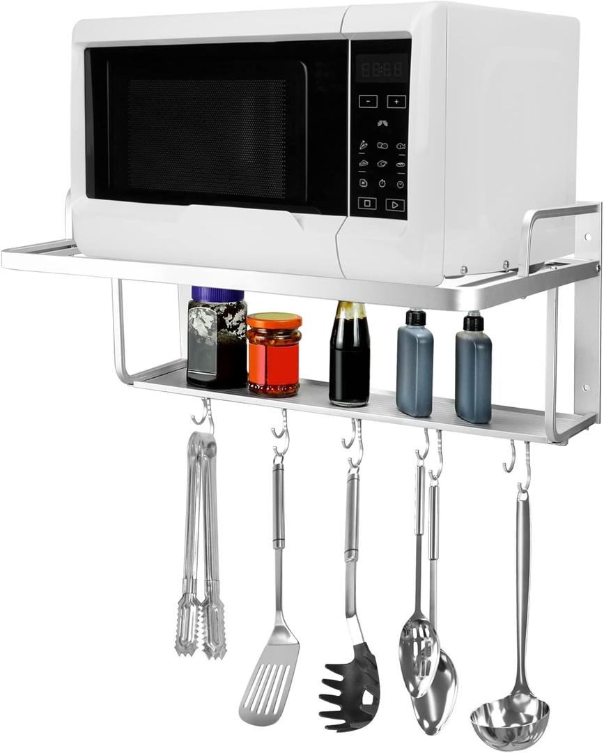 QWORK Microwave Oven Rack Shelf, Wall Mount Electric Oven Holders, Aluminum Double-Layer Microwave & Spice Rack, 2 Shelves with 10 Hooks, Support Load 88lbs, 21.65"x15"x9.84"
