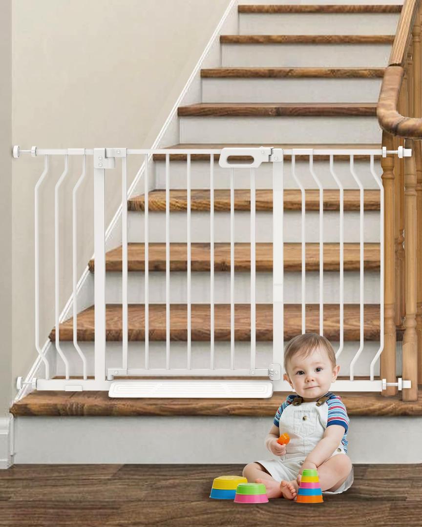 Mom's Choice GROWNSY Baby Gate, 29.5"-53" Auto-Close Dog Gate for Stairs & Doorways, Pressure-Mounted Easy Install Baby Gate - No Drill, Anti-Trip, Walk Through, Safe & Durable (29"-53"*30", White)