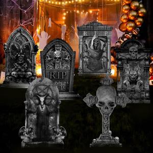 16 Inch Halloween Graveyard Tombstones Prop Yard Stakes Signs 6 Styles Outdoor Headstones for Cemetery Halloween RIP Graveyard Tombstones Outdoor Props Yard Decorations with Stakes