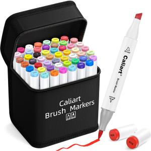Caliart Markers Brush Tip, 51 Colors Dual Tip Artists Coloring Markers Set Brush & Chisel, Permanent Based Colored Sketch Pens, Art Supplies Gifts for Adults Drawing Illustration