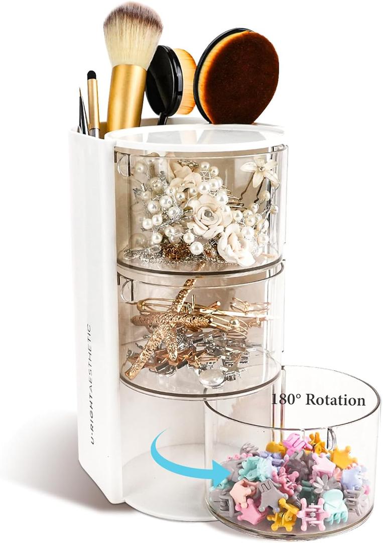 3-Tier Clear Hair Accessories Organizer with Hair Brushes Holder, Rotatable Drawer Makeup Sponge Holder Desktop Organizer Case for Makeup Brush Lipsticks Q-tip Cotton Swab Stationery (White)