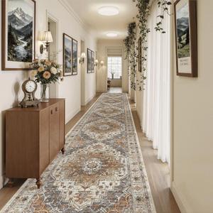 Madane 3x20 Hallway Runner Rug - Extra Long Carpet Runners for Hallways 20ft Non Slip Stain Resistant Rugs Runner for Living Room Bedroom 20 Feet Distressed Floor Carpet for Kitchen, Turmeric/Grey