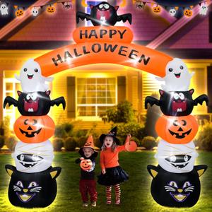 8FT Halloween Arch Inflatable Decoration Halloween Blow up Stacked Arch by Pumpkin Ghost Cat with LED Lights Indoor Outdoor Yard Party Garden Holiday Decor