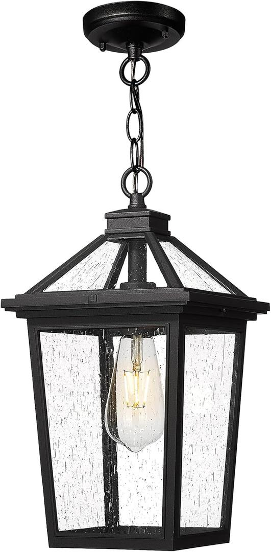 zeyu 15.4 Inch Outdoor Hanging Light, Medium Exterior Pendant Porch Light for House Garden, Die-Cast Aluminum with Seeded Glass, Black Finish, ZX58MH BK (Large)