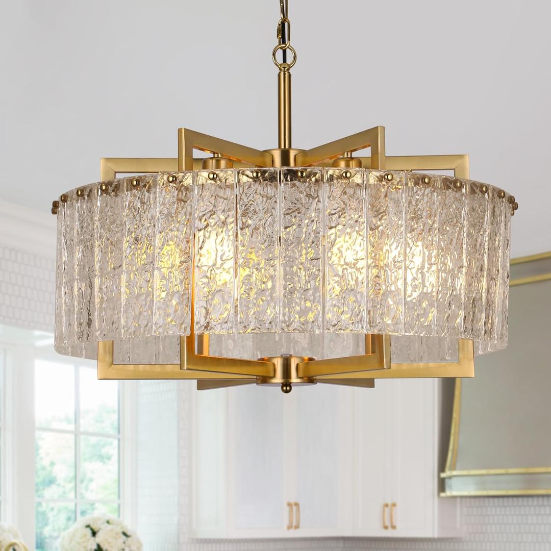 Gold Crystal Chandeliers for Dining Room, 24" Modern Drum Chandelier,Water Ripple Glass, Adjustable Height, Pendant Dining Room Light Fixture for Kitchen Island Hallway Entryway Foyer (24INCH)