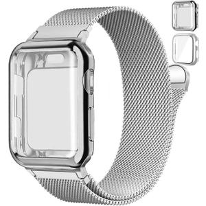 Magnetic Band and Case for Apple Watch Band Women/Men,Stainless Steel Milanese Loop Bracelet Strap with Cover Combo iWatch series  42mm-series 11 10, 02-Silver