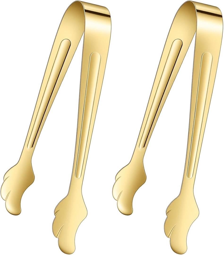 Thinp 2 Pcs Mini Serving Tongs, 4.1 Inch Gold Small Tongs for Serving Food Stainless Steel Mini Sugar Tong for Ice Salad Appetizers Buffet Gold Utensil for Dessert Table Tea Party