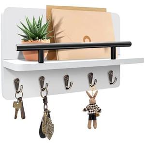 KISENG Key Holder Wall Mount, Decorative Key Rack with Shelf & 5 Sturdy Hooks, Rustic Key Hooks for Wall for Mail Organizer Hanging Dog Leash, Glasses, Wooden Key Hanger with Mounting Hardware