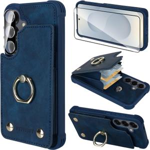 Wallet Case Compatible for Galaxy S25 with Card Holder,Shockproof Protective Cover Supports 360Rotation Ring Stand and RFID Blocking for Samsung Galaxy S25 6.2 inch,Navy Blue