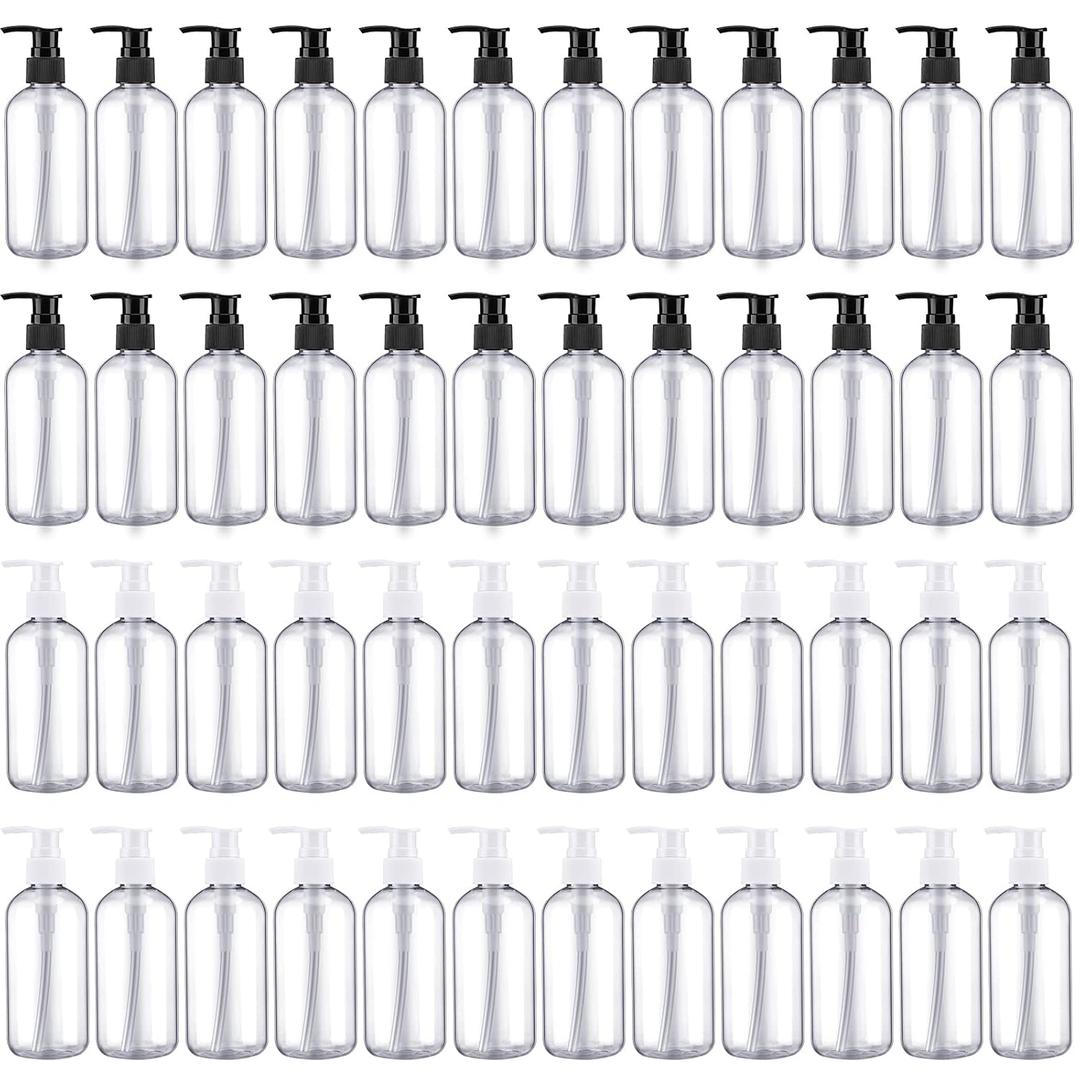 Eaasty 48 Pcs Pump Bottle Lotion Dispenser Refillable Shampoo Conditioner Hand Soap Dispenser Plastic Empty 8oz/250ml Clear Reusable Body Wash Container Bulk (Clear,Black)