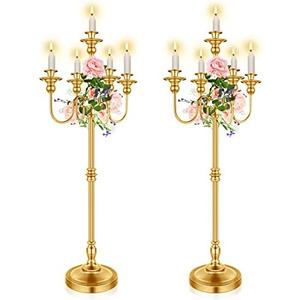 2 Pcs Gold Wedding Floor Candelabra 50 Inch Antique Candle Stand Metal 5 Arm Candelabra Centerpiece Decoration for 5 Candlesticks Bridal Shower Christmas Aisle Event Birthday Party Ceremony Home