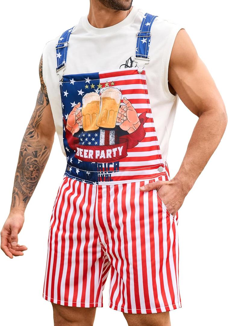 Bindefon Bibs Overalls Men Adjustable Straps Coveralls Shorts Printed Jumpsuit Male Romper (Large, American Flag)