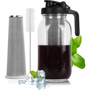 Cold Brew Coffee Maker - 64 Oz Heavy-Duty Glass Mason Jar Pitcher with Stainless Steel Filter, Leak-Proof Lid, Ergonomic Handle & Precision Pour Spout  Ideal for Iced Coffee, Tea, Cold Brew (Black)