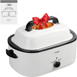 Sunvivi Roaster Oven, Electric Roaster Oven with Viewing Lid, 28lb 24-Quart Turkey Roaster with Unique Defrost/Warm Function, Large Roaster with Removable Pan & Rack, Stainless Steel, White, 24QT
