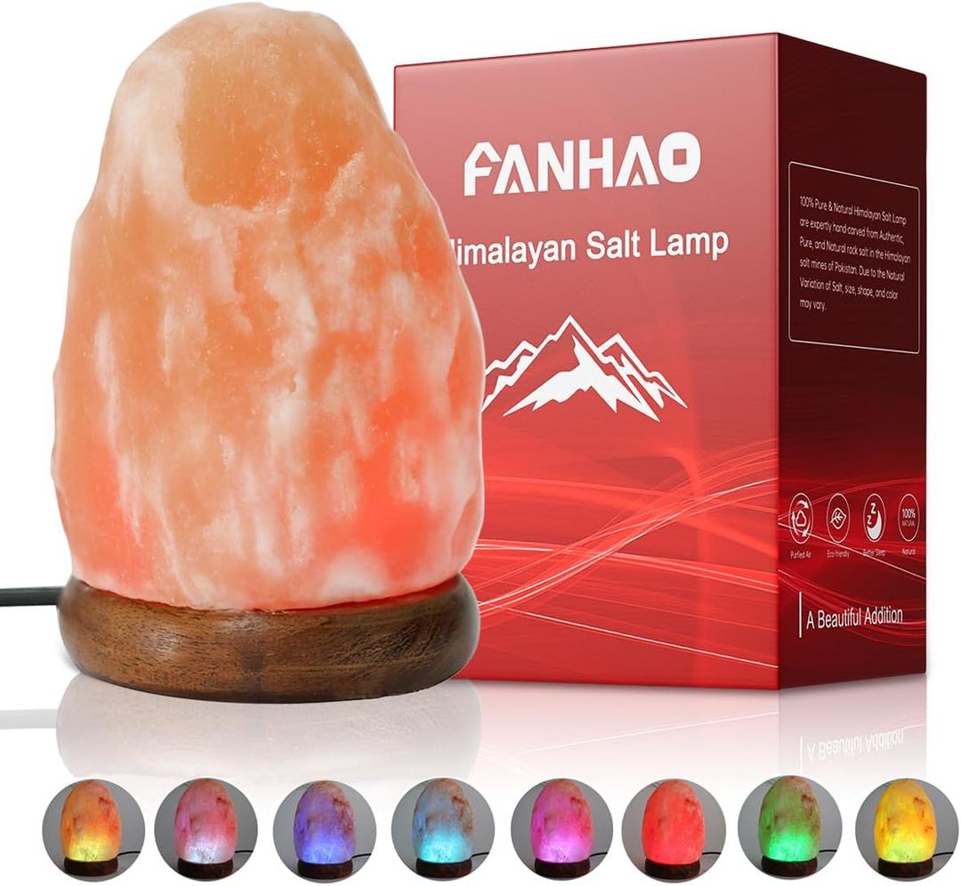 FANHAO USB Himalayan Salt Lamp with 8 Colors Changing, Natural Crystal Salt Rock Lamp Table Lamps for Gifts, Home Décor - Hand Carved, LED Bulb and Real Rubber Wood Base