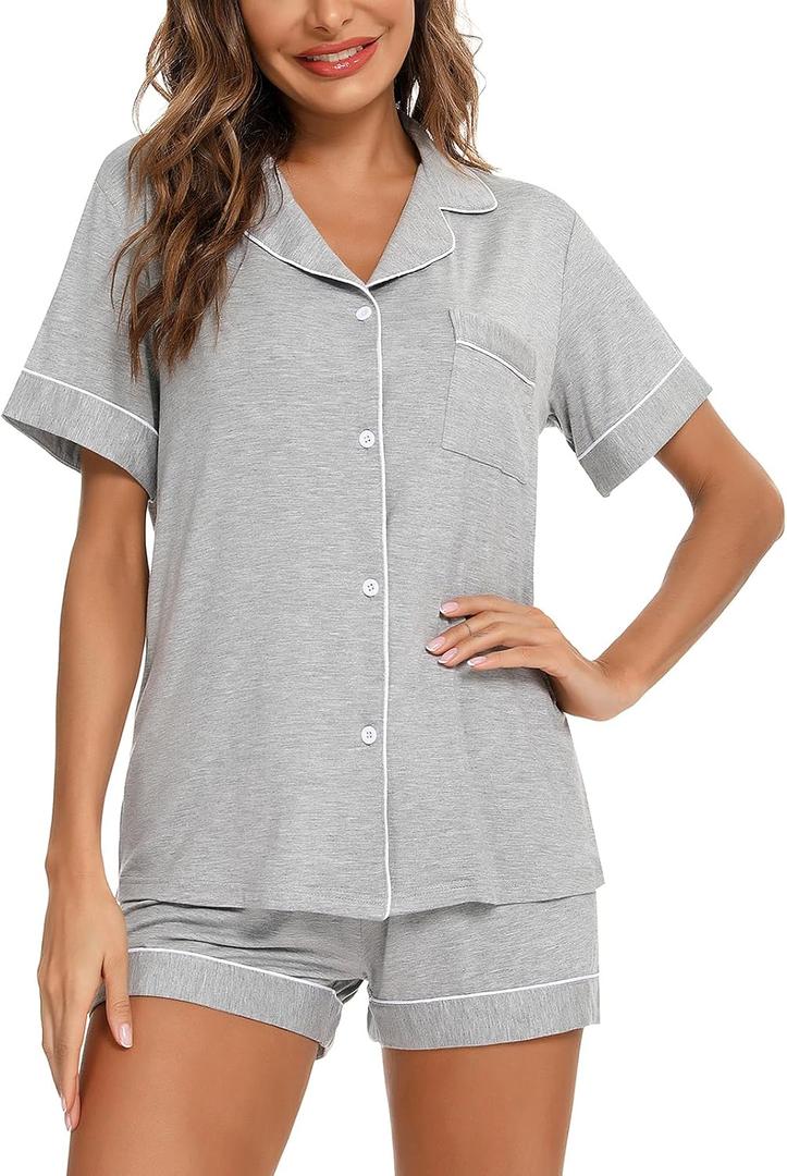 Aamikast Button Up Pajama Set for Women Shorts Short Sleeve Knit Sleepwear 2 Pice Pjs Sets (Gray, XL)