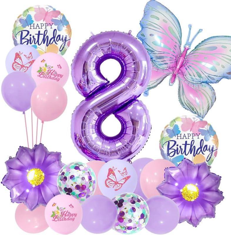 8th Butterfly Birthday Balloon DecorationsButterfly Birthday Decorations for Girls 8th Theme Birthday Party Decoration Supplies (20Pcs purple 8)