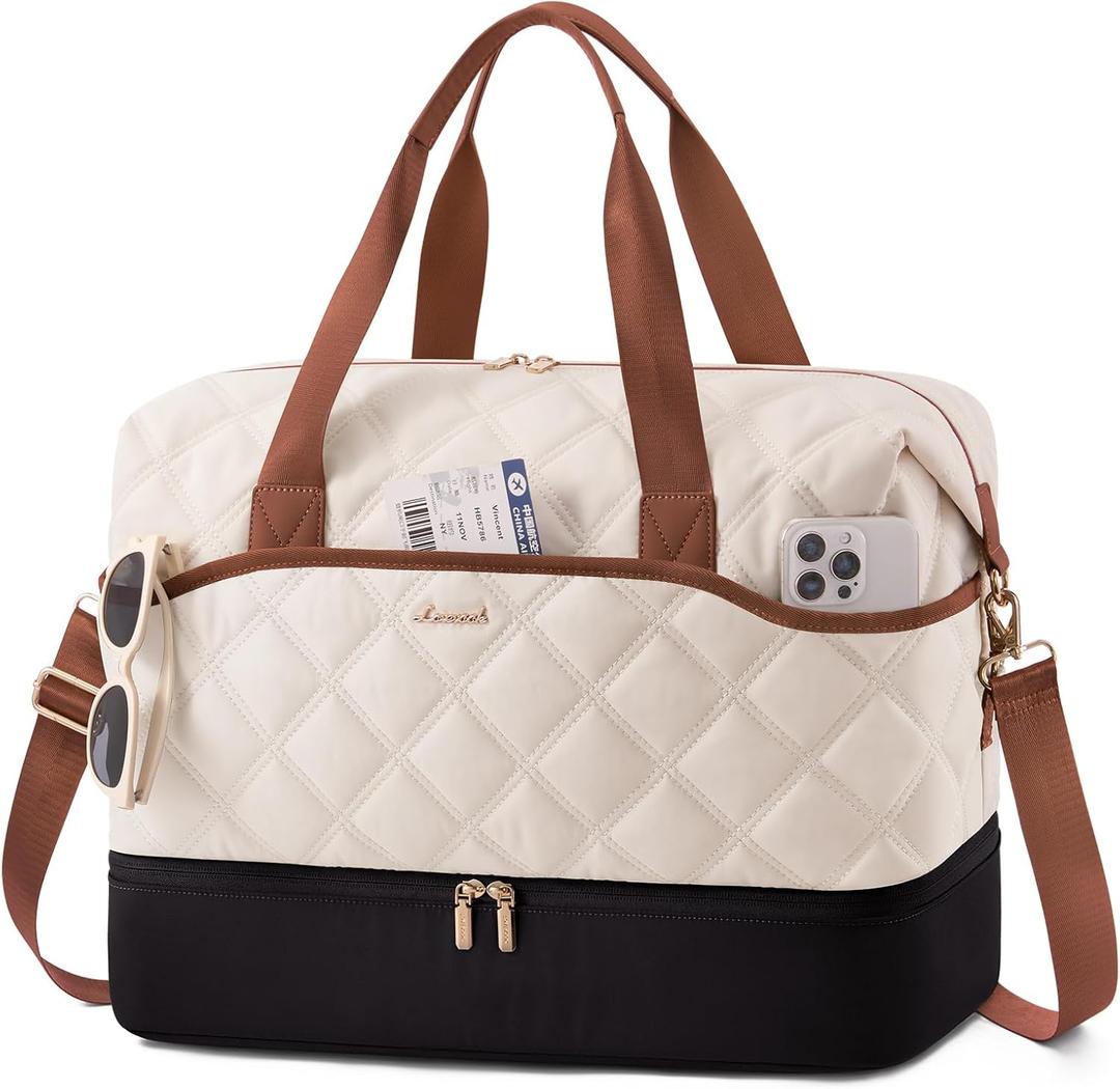 LOVEVOOK Weekender Bags for Women with Shoe Compartment, Lightweight Travel Duffle Bag with Wet Pocket, Hospital Overnight Bags for Women Labor Delivery, Personal Item Carry On Bag for Gym, Sport (35L - Medium, White - Brown)