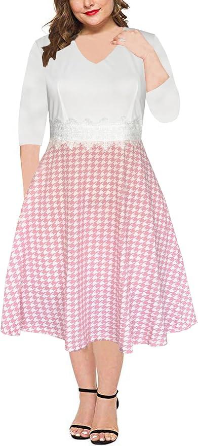 BEDOAR Women's Elegant Lace Embroidery Plus Size Flared A-Line Swing Casual Party Cocktail Dresses with Pockets, Size 20