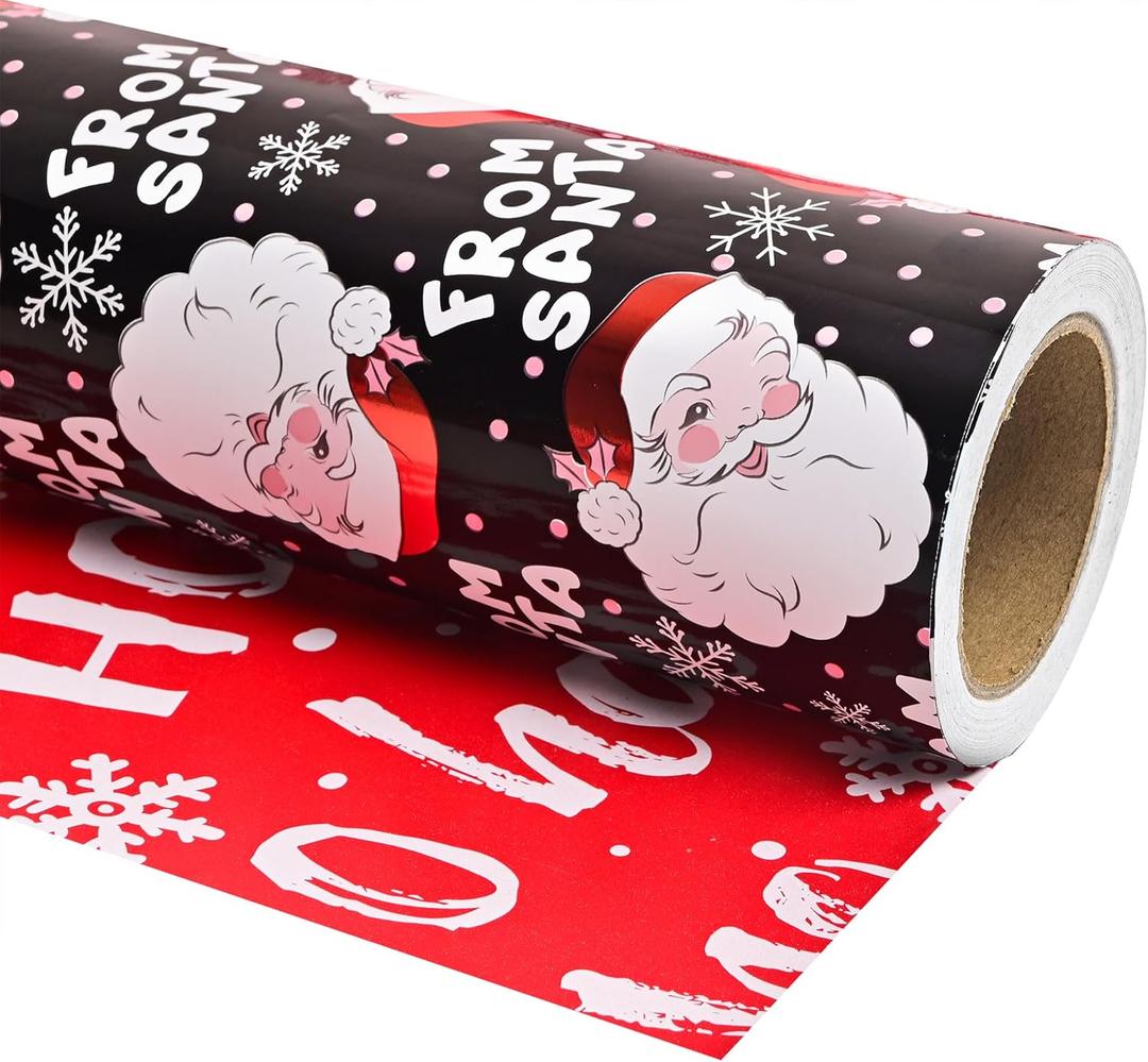 Altarho Christmas Wrapping Paper Mini Roll 17 inch X 16.5 Feet Printed on Purple Metallic Foil Paper - Reversible, Santa and Snowflakes, for Xmas, Holiday, Party Celebration (Black Red Foil Santa, 17 Inch X 16.5 Feet)