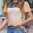 BLENCOT Women Tops Color Block Crewneck Casual Oversized Tshirts Knit Summer Tees Blouse S-2XL (Medium, Black Khaki)