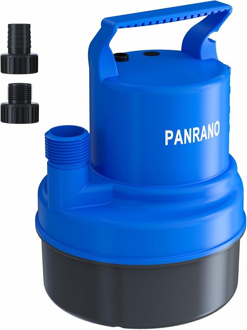1/5HP Small Sump Pump Submersible Water Draining Pump for Pool Cover, Ponds With 16.4 Ft Power Cord and Hose Adapters
