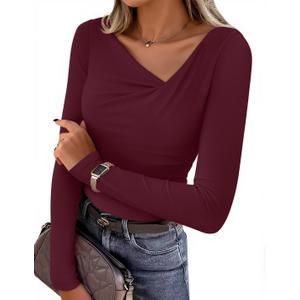 ZESICA Women's Long Sleeve Asymmetrical Neck T Shirts 2026 Spring Fall Fashion Outfits Ruched Slim Fit Blouses Going Out Tops S