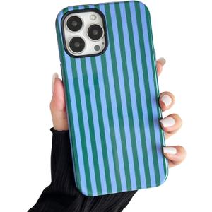 Compatible with iPhone 16 Pro Case, Cute Fashion Aesthetic Striped Pattern Cover for Women, Shockproof Soft TPU and Hard PC Protective Phone Case for iPhone 16 Pro 6.3"- Teal