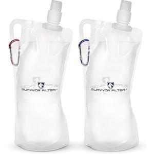 Survivor Filter Collapsible Water Bottles, Canteens (32oz) 2 Pack (2L Total) - Durable Carabiners and Handles. Squeeze Water Through a Filter or Use as Water Bottles (1L)