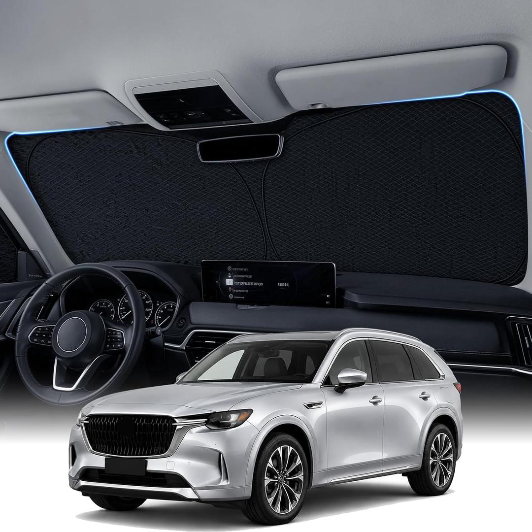 Large Windshield Sun Shade for Mazda CX 90 2024-2026, 7-Layer Heavy-Duty & Blocks UV Rays, 3D Scanned Custom Fit, Keep Interior Cooler, Easy Storage & Foldable SUV Accessories, No Sagging
