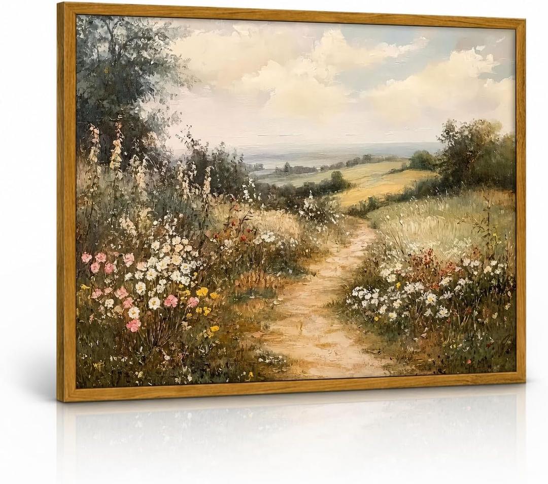 Framed Countryside Landscape Canvas Wall Art Print farmhouse Wildflower Meadow Poster Image Vintage Style Farmhouse Artwork for Gallery or Living Room Decor 16x24 Inch Ready to Hang