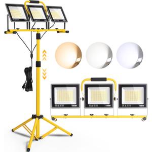 31000 Lumen LED Work Lights with Stand, Portable 3 Head Work Lights with Individual Switch (3000K/5000K/6500K Select) & 16.5FT Cord, IP66 Waterproof Foldable Tripod Stand Worklights for Outdoor Indoor (Yellow)