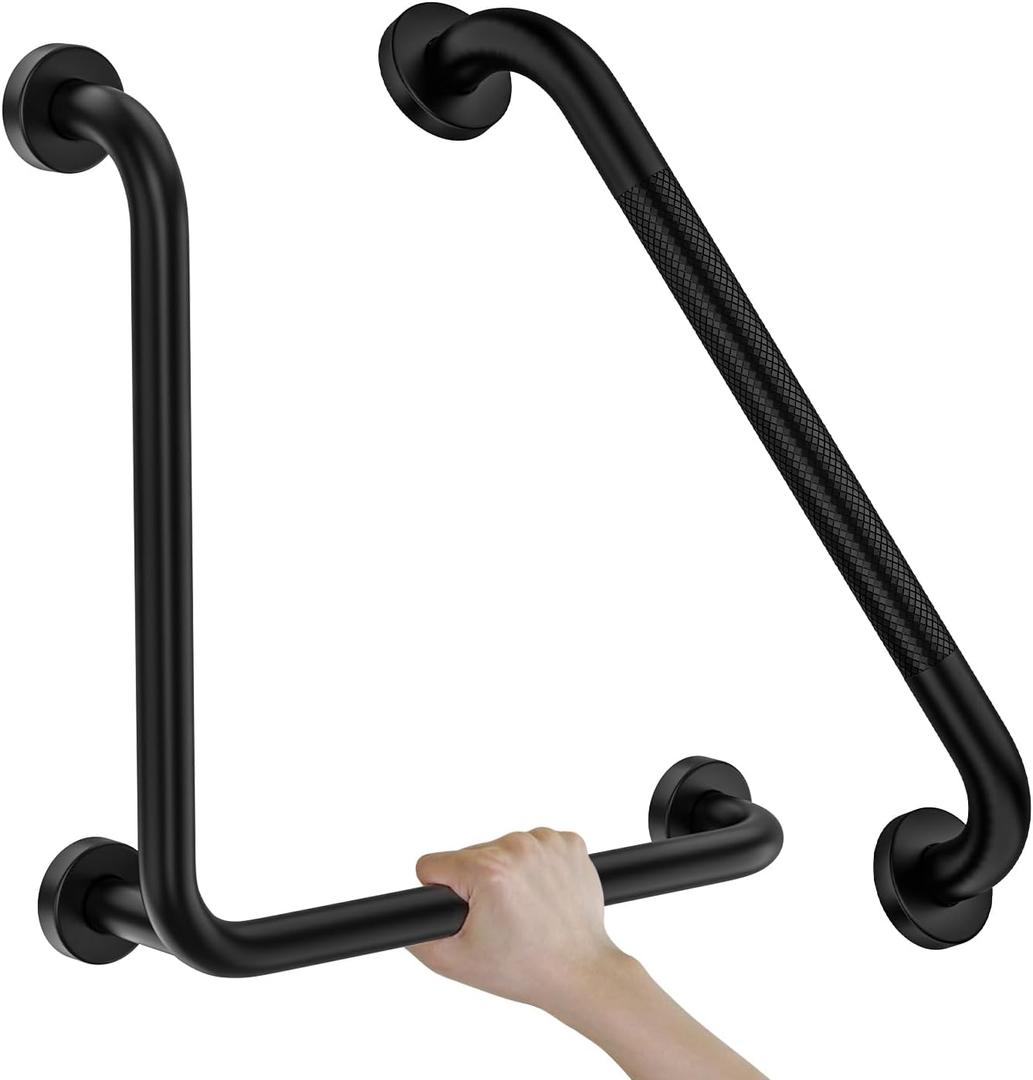 L-Shaped Shower Grab Bar 16x16 Inch, Zepolu Stainless Steel Matte Black Safety Grab Rail, Bathroom Mobility Aid Handrail, Wall Mounted Balance Support Bar Assist Handle for Senior Elderly Handicap
