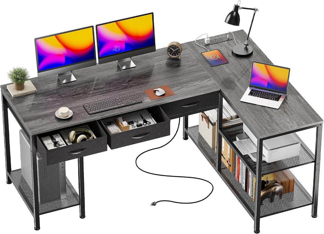 PRAISUN 55 Inch L Shaped Office Desk with Power Outlets and Type-C Port, Large Computer Gaming Desk with 3 Fabric Drawers, Mesh Shelves, Corner Study Work Writing Desk, Grey, 55.1inch
