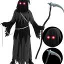 Spooktacular Creations Glowing Eyes Grim Reaper Costume for Kids, Halloween Costume for Boys, Halloween, Dress-up Party (Large(10-12 yr), Grey)