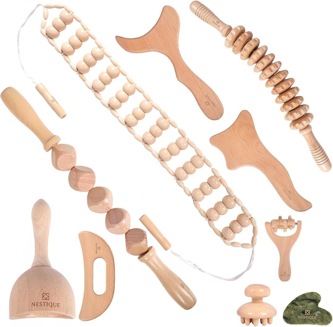 NESTIQUE 10 in 1 Wood Therapy Massage Tools for Body Shaping with Gua Sha Stone Lymphatic Drainage kit for Muscle Pain Relief, Maderoterapia Professional kit for Body Sculpting